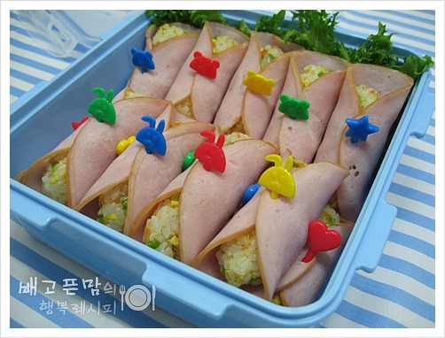 간단 도시락 만들기...햄말이 야채 주먹밥.